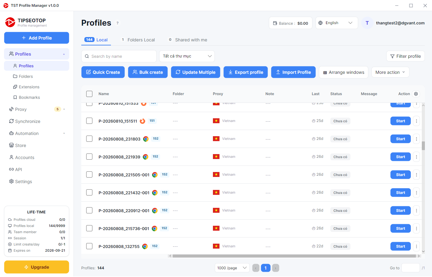 The TSTBrowser profile manager running on Windows